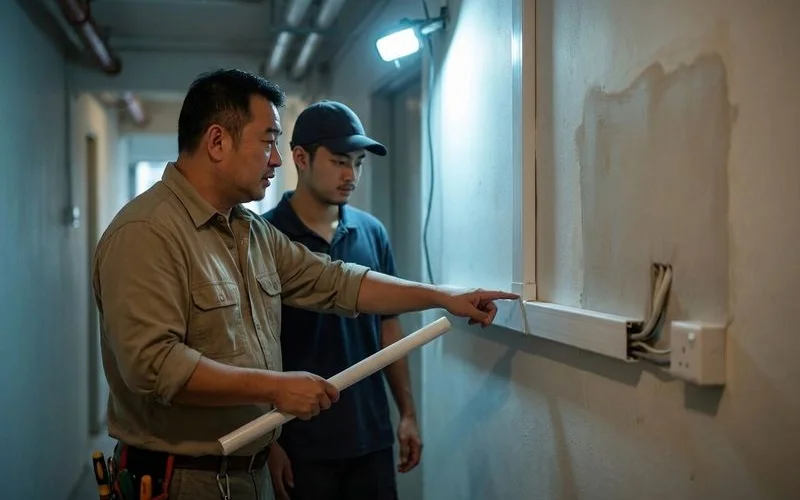 Cross-section view of concealed wiring installation in wall showing PVC conduit embedded in concrete with cables running through clean plastered finish