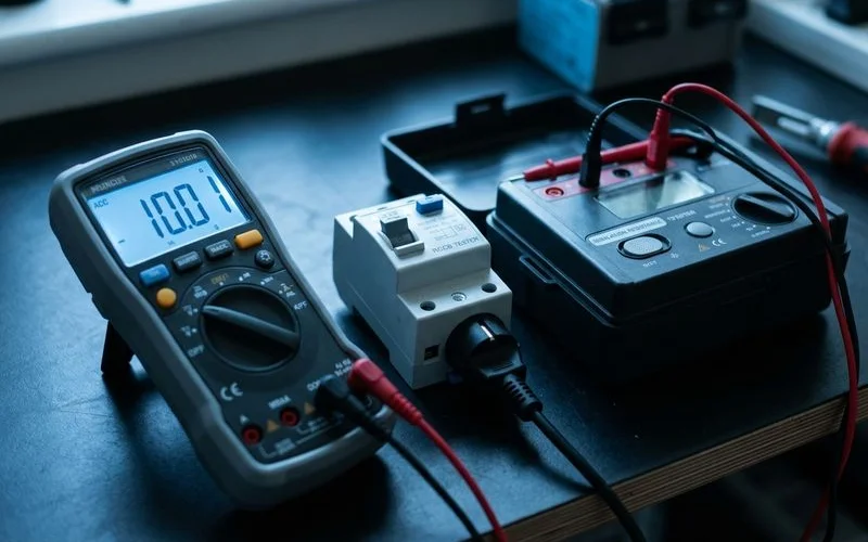 Detailed view of electrical safety components and tools used by certified electricians in Malaysian residential electrical work