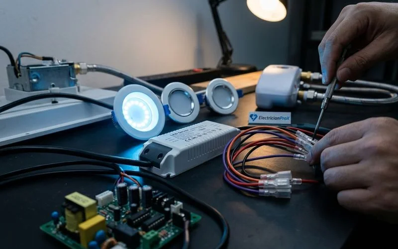 Detailed view of lighting components and tools used by certified electricians in Malaysian residential electrical work