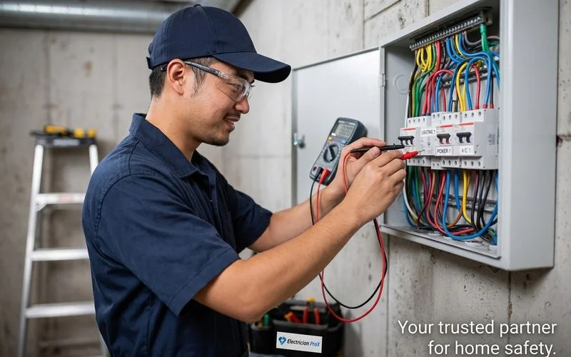 Electrician performing concealed wiring installation in Malaysian terrace house wall with cable trunking and junction boxes visible