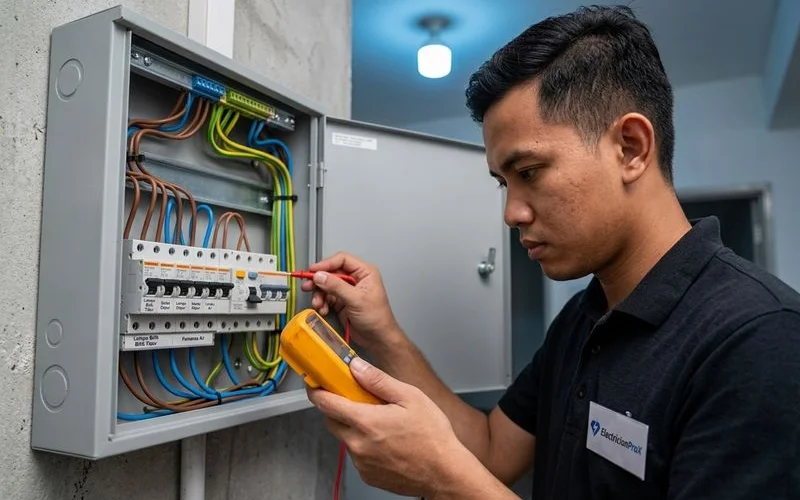 Professional electrician testing rewired DB box panel with multimeter in Malaysian home modern circuit breakers