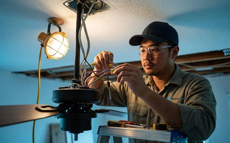 Professional electrician working on ceiling fans installation in modern Malaysian residential home with safety equipment and professional tools