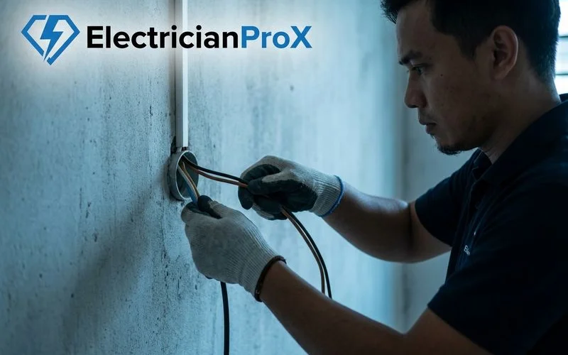 Professional electrician working on electrical wiring installation in modern Malaysian residential home with safety equipment and professional tools