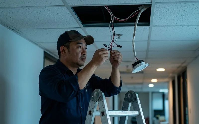Professional electrician working on lighting installation in modern Malaysian residential home with safety equipment and professional tools