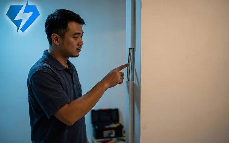 Side by side comparison of concealed wiring neat wall finish vs surface wiring PVC trunking in Malaysian residential setting