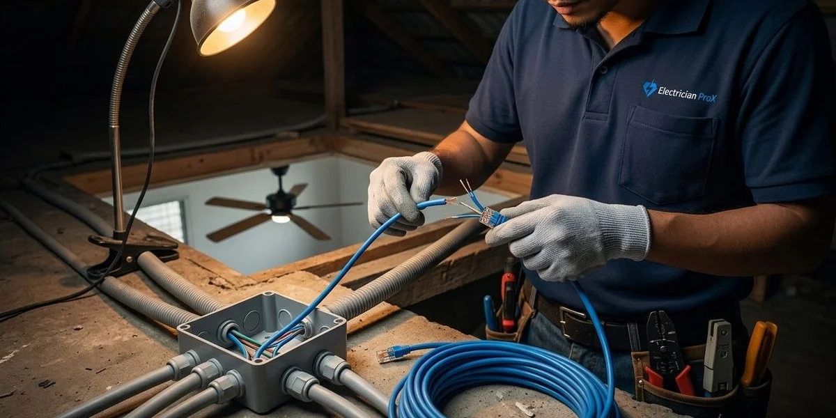 Electrician ProX technician completing conduit wiring installation in a Klang Valley terrace house
