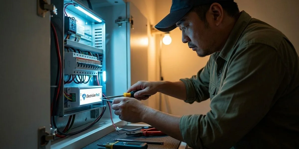 Electrician ProX technician installing smart power strip in Kuala Lumpur terrace house