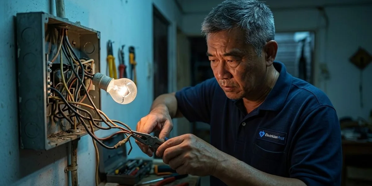 Electrician ProX technician diagnosing flickering lights in a Kuala Lumpur terrace house
