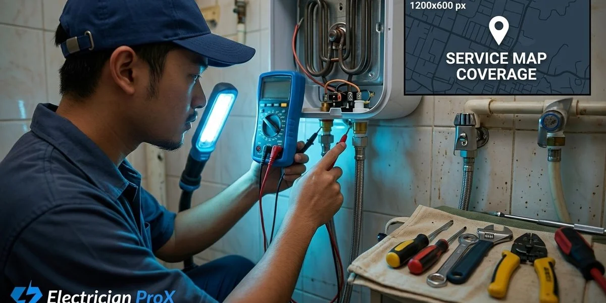 Electrician ProX technician repairing a water heater in a Kuala Lumpur terrace house